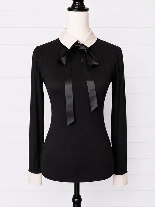 Killstar XS Black Contrast Collar Bow Tie Ribbon Long Sleeve Blouse Gothic Witchy Alternative Top