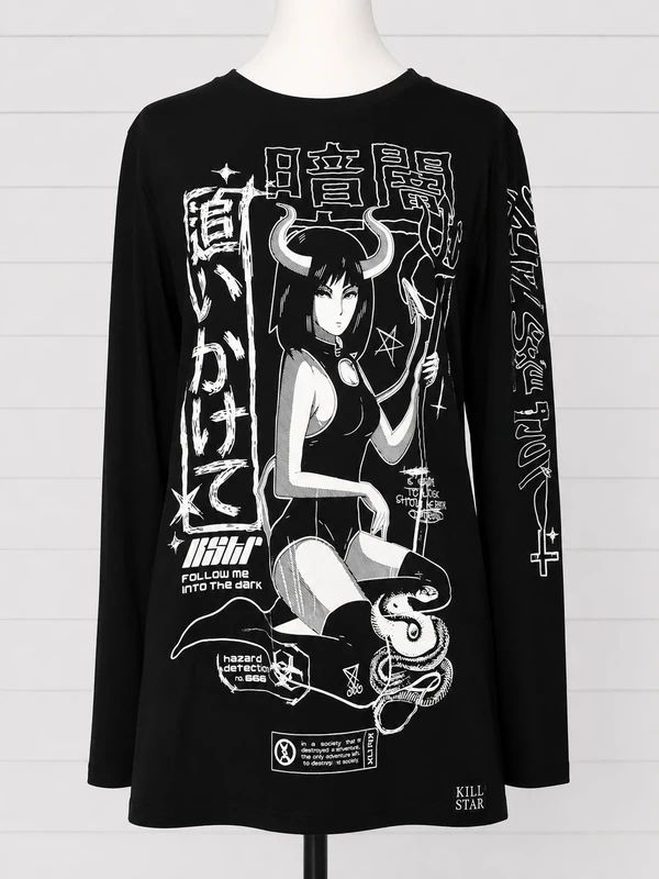 Killstar Size S UK 8–10 Black Anime Demon Graphic Long Sleeve Oversized Gothic Alternative Top