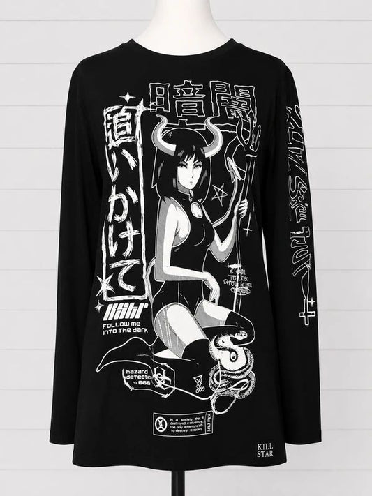 Killstar Size S UK 8–10 Black Anime Demon Graphic Long Sleeve Oversized Gothic Alternative Top