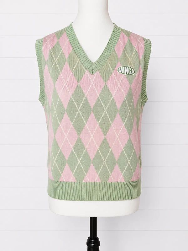 Minga London Size S Pink Green Argyle Sweater Vest 100% Cotton Preppy Indie Y2K