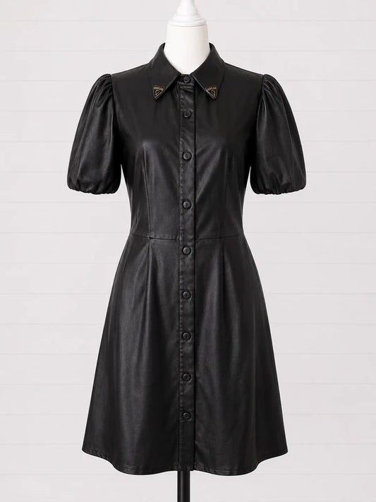 Disturbia Faux Leather Button Front Mini Dress UK 10 Gothic Witchy Alternative Puff Sleeve