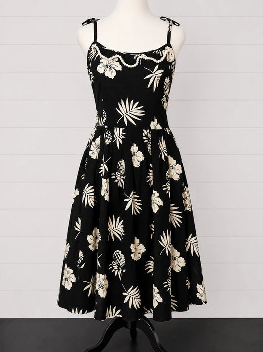 Hell Bunny BNWT UK 8 Black Tropical Hawaiian Pineapple Hibiscus Midi Dress Rockabilly
