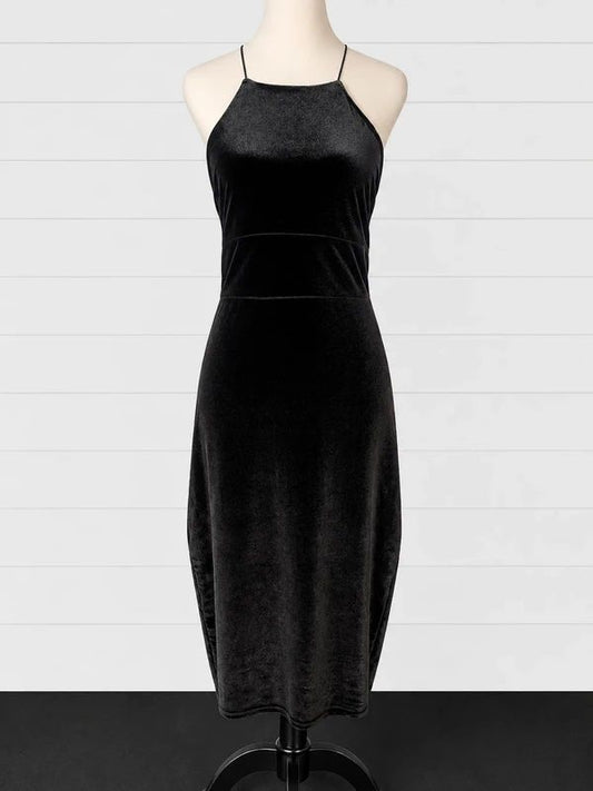 Dolls Paris UK 12 Black Velvet Halterneck Midi Dress Party Evening Bodycon